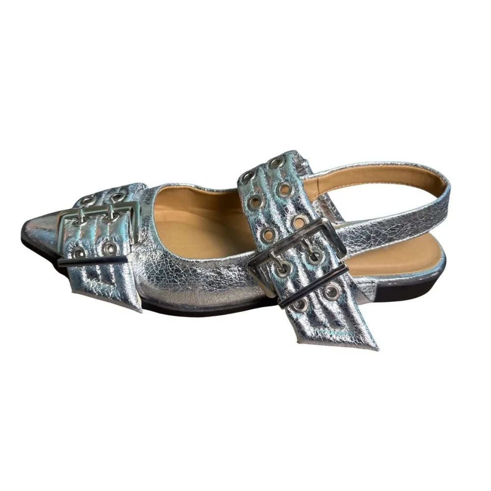 Womens Y2K Chunky Buckle Ballet Flats Size 8 Ballerina Slingback Metallic Silver